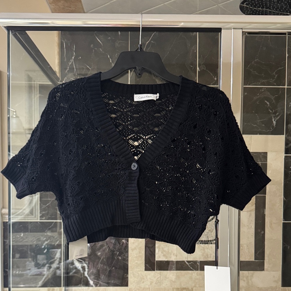 Calvin Klein Black Cropped Open-Knit V-Neck Cardigan
